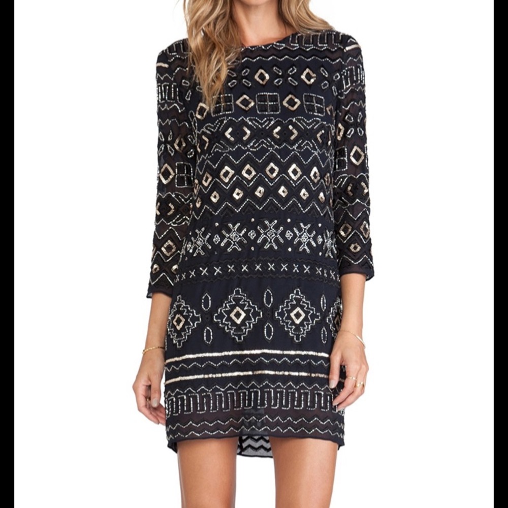 Needle & Thread Lace Stitch Dress Black Silver and Gold Size 8